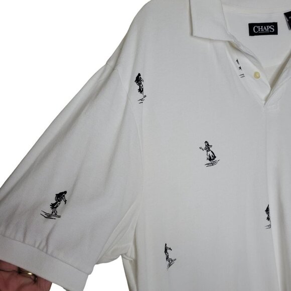 Chaps Men's XL White Hula Girl Short Sleeve Vneck 1/4 Button Cotton Polo Shirt - Picture 3 of 9